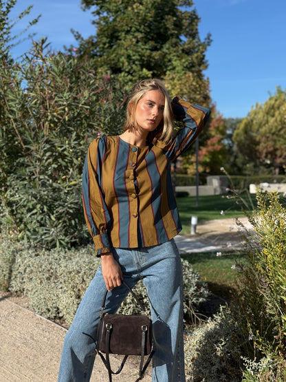 Camisa Nayla Azul Petróleo y Mostaza