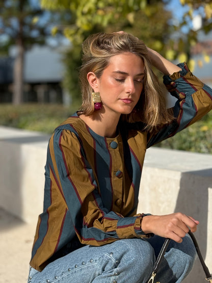 Camisa Nayla Azul Petróleo y Mostaza