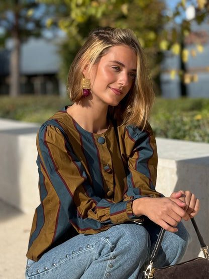 Camisa Nayla Azul Petróleo y Mostaza