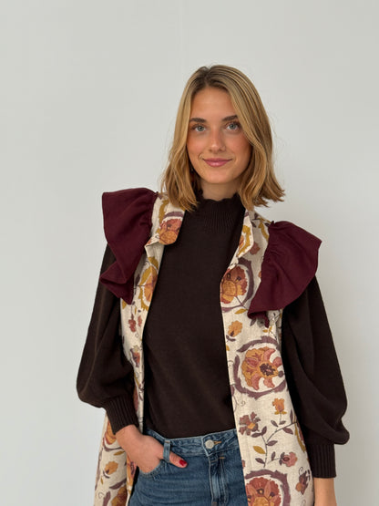 Chaleco 9MÁS5 Flores Burdeos y Mostaza