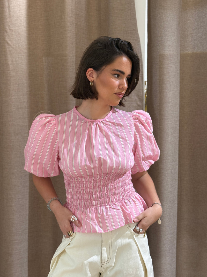 Camisa Manga Globo Rayas Rosa