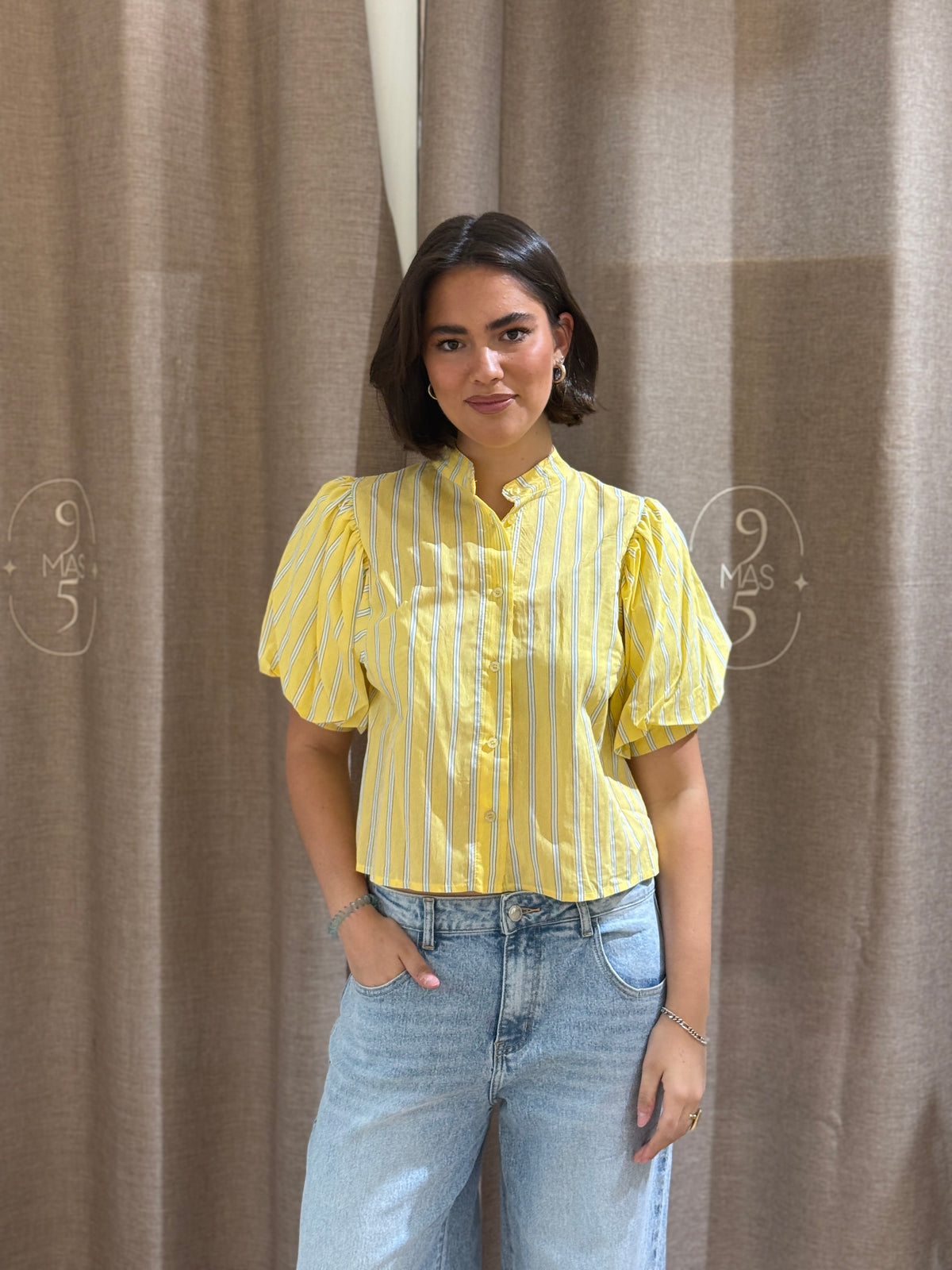 Camisa Manga Globo Rayas Amarilla