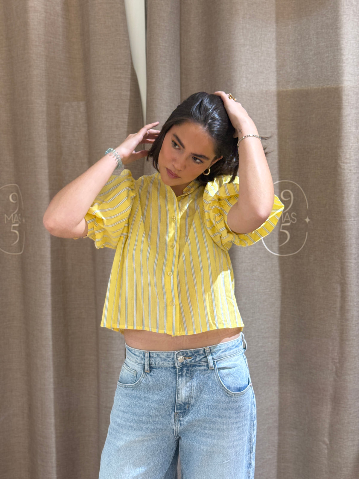 Camisa Manga Globo Rayas Amarilla