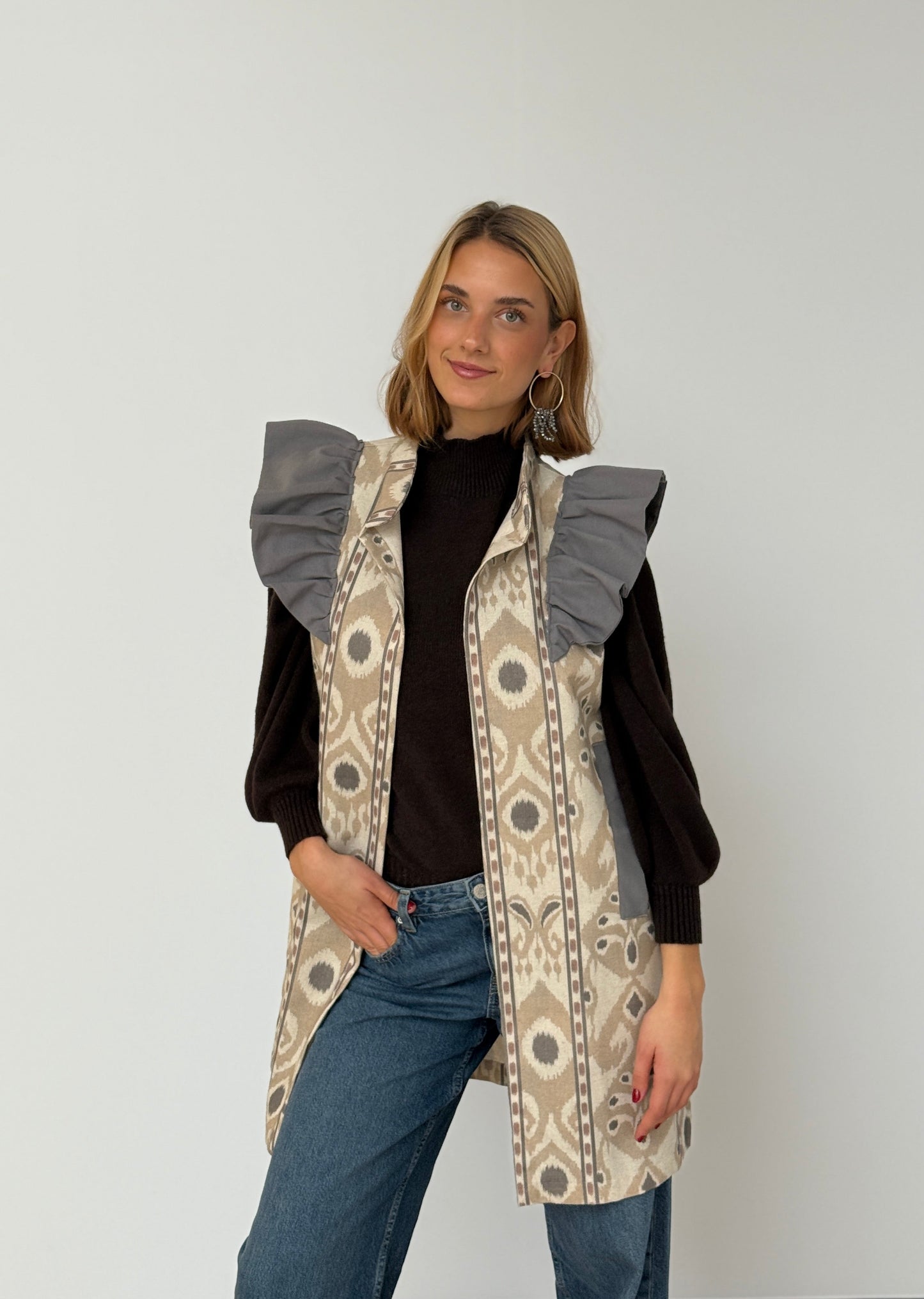 Chaleco 9MÁS5 Ikat Gris, Beige y Rosa