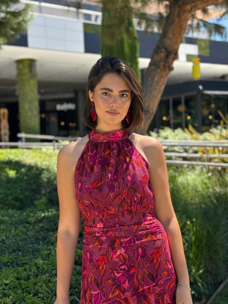 Vestido Cuello Halter Volantes Vino